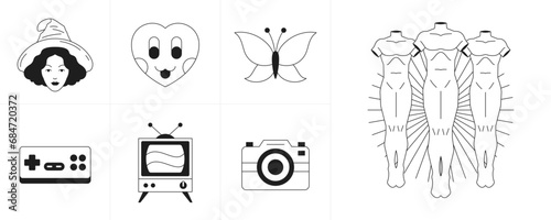 Trendy surreal retro groovy cartoon characters and elements monochrome icon set vector