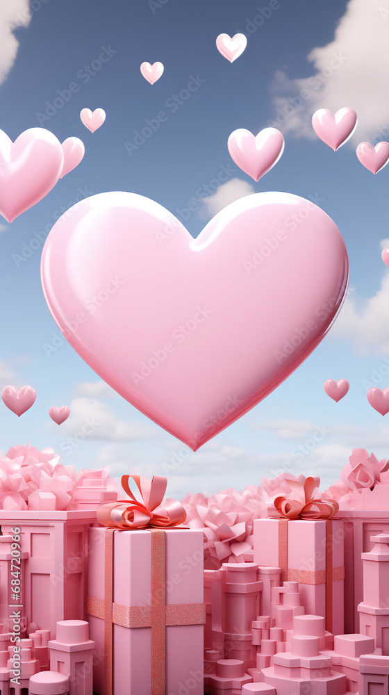 Romantic Pink Heart Balloon and Gifts Floating in a Cloudy Sky