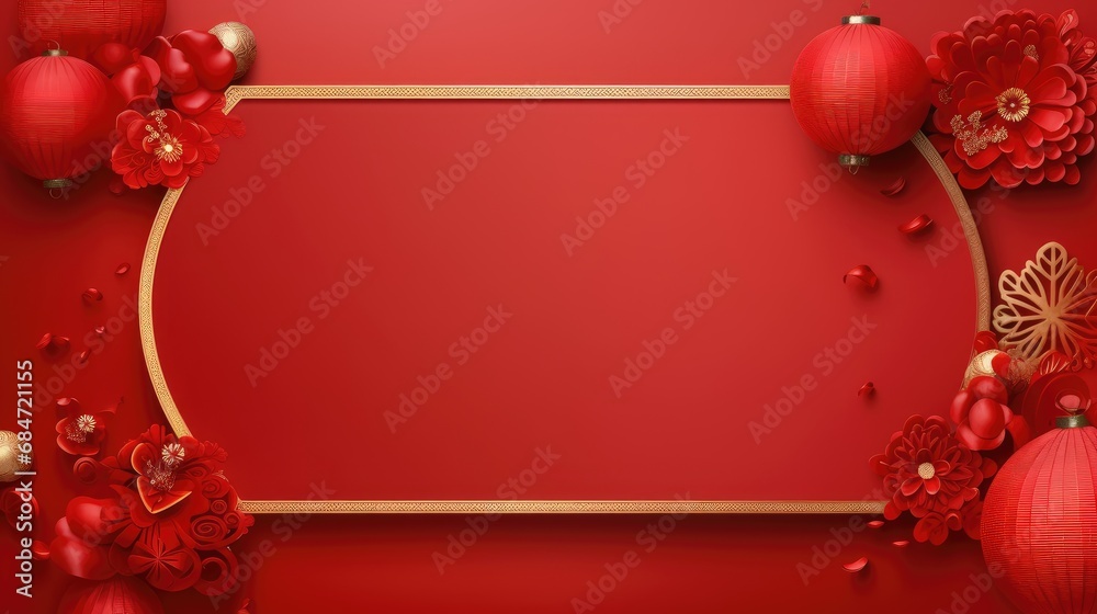 Chinese lanterns hanging with frame for design on red background, Elegant design for Chinese New Year greeting card ,copy space for text. - obrazy, fototapety, plakaty 