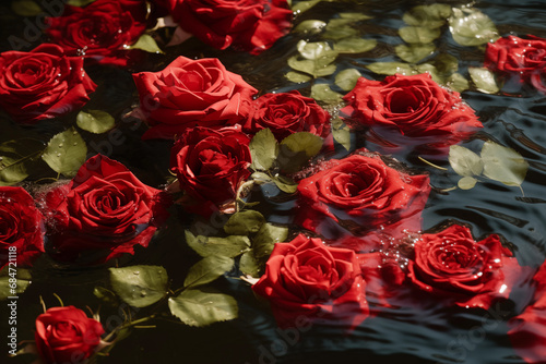 Beautiful Red Roses Floating On Water. Love, Romance Concept, Generative AI