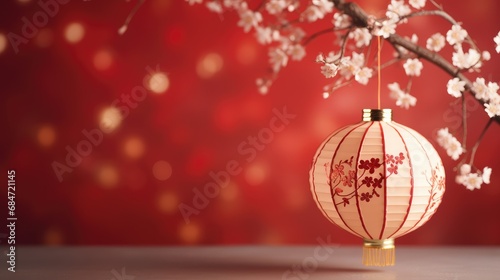 Chinese lanterns hanging decorations and sakura blossoms on red background, Elegant design for Chinese New Year greeting card ,copy space for text.