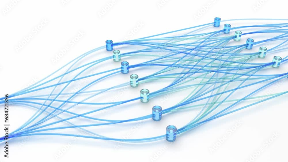 artificial intelligence neural network arrangement 3d animation, can be used to represent gpu machine deep learning, software development programming or computer network server