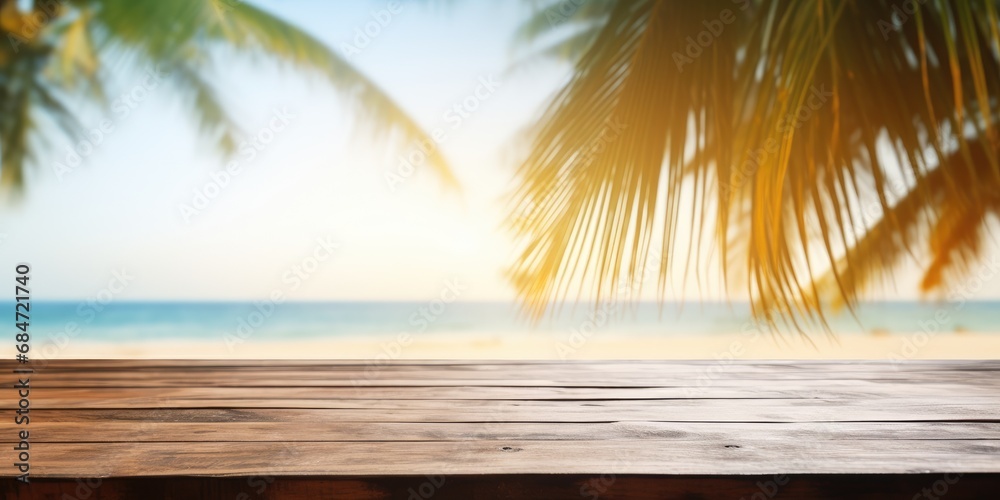 Top of wood table with seascape and palm leaves Top of wood table with seascape and palm leaves