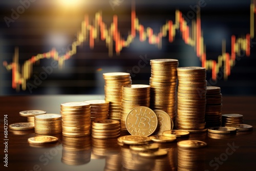 Stacks of golden coins  stock market on background. Trading  economy  investment  finance concept
