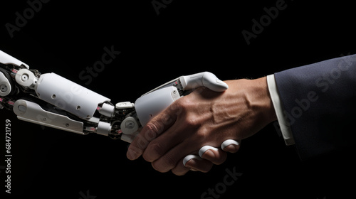 Robot and human handshake Isolated on black background. Human hand and robot hand. Collaboration between human and machine. 