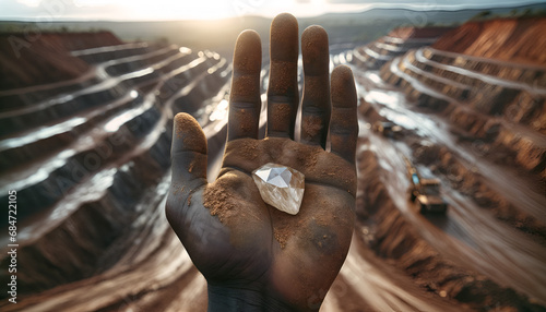 A miners African hand holding a rough cut diamond in the palm of his hand.  photo