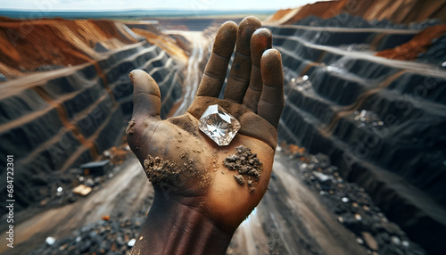 A miners African hand holding a rough cut diamond in the palm of his hand.  photo