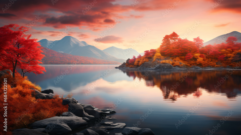 Lake in mountains with red and orange trees
