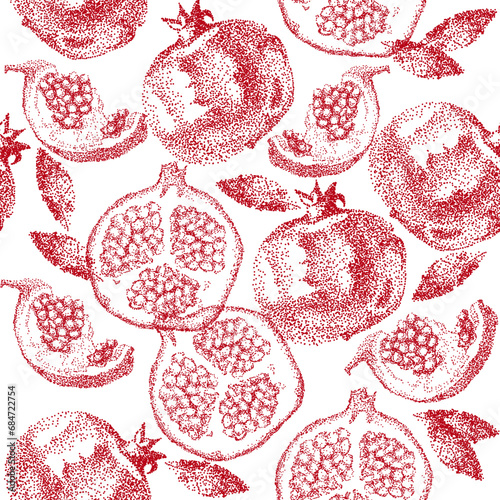 Pomegranate leaf seamless pattern. Vector illustration of pomegranate fruit. Garnet vector.
