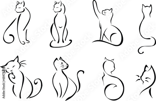 cats drawing set. Cat doodles in abstract hand-drawn style, black and white line art vector illustration. kitten Isolated On White Background.