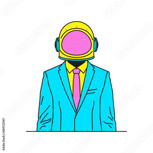 Y2k psychedelic astronaut in helmet and suit jacket groovy style icon vector flat illustration