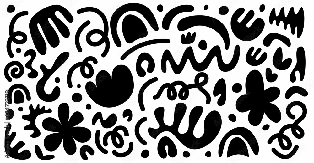 Fototapeta premium Groovy hand drawn curve modern art collage colorful shapes brutalism aesthetic design background. Naive playful abstract shapes, Vector illustration elements Scandinavian retro 90s cartoon style
