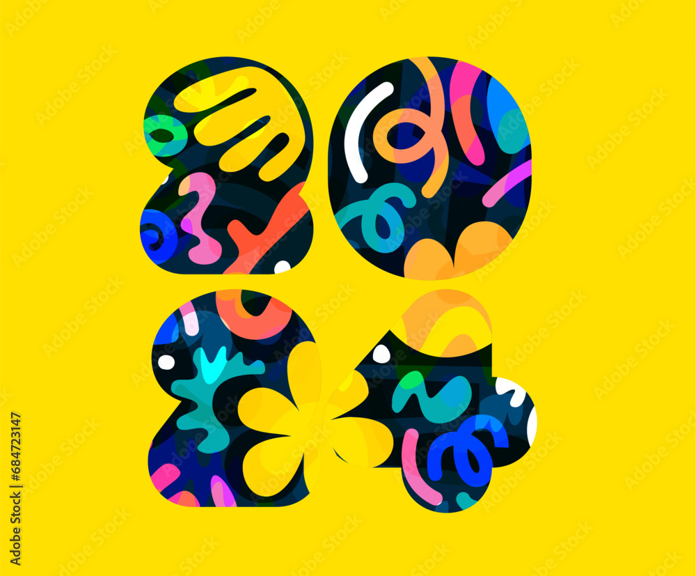 2024 Happy New Year Groovy hand drawn curve modern art collage colorful shapes brutalism aesthetic design background. Naive playful abstract shapes, Vector illustration 2024 2024 Happy New Year Groovy hand drawn curve modern art collage colorful shapes brutalism aesthetic design background. Naive playful abstract shapes, Vector illustration 2024