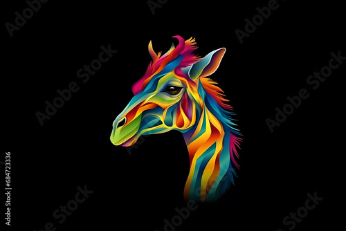 Rainbow art giraffe on a black background. Neural network AI generated art © mehaniq41
