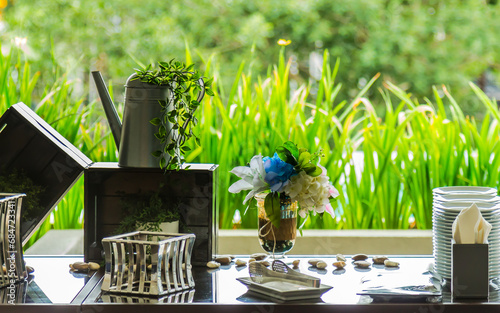 Party dinner table setting with tableware and silverware.