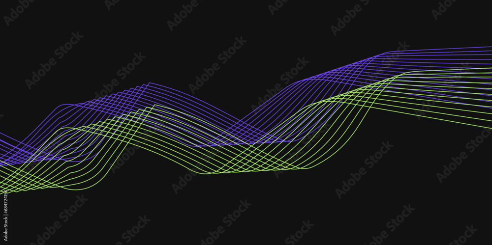 Naklejka premium Abstract Black background with a glowing abstract waves. Abstract wave element for design. Digital frequency track equalizer, Futuristic background design. Long exposure, Light painting photography.
