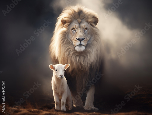 Lion and lamb standing together  spiritual metaphor of a symbolic couple  association of the opposite  balance of strength and softness  courage and sacrifice  pride and innocence