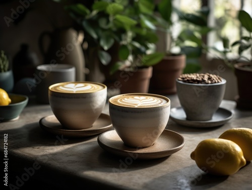 Wallpaper Mural Two cups of coffee on a table next to lemons. Torontodigital.ca