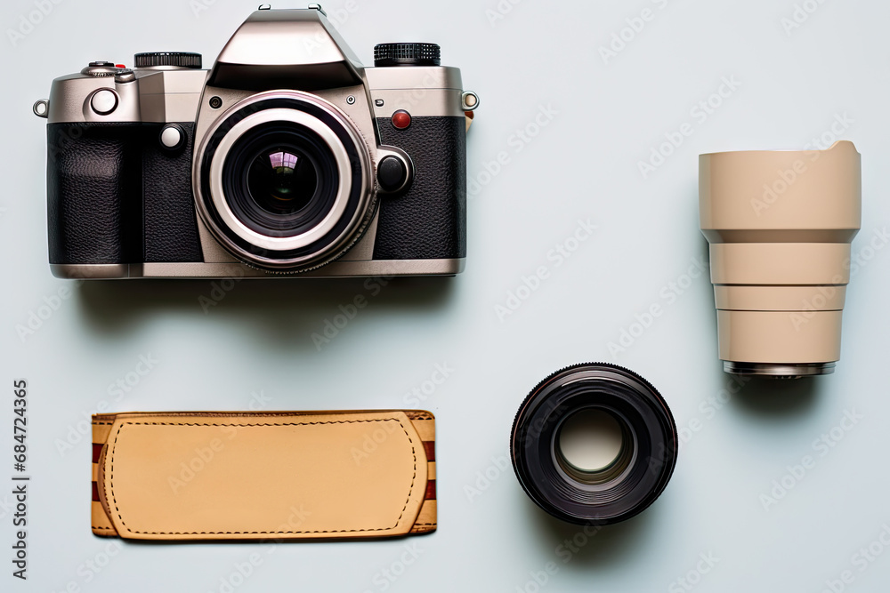 A camera, a lens, and a leather case on a table