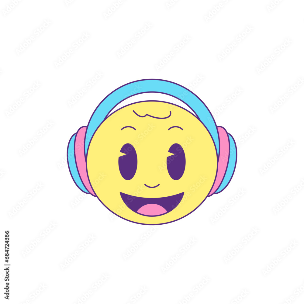 Y2k smiley emoticon in headphones music trendy cartoon character groovy style icon vector flat Y2k smiley emoticon in headphones music trendy cartoon character groovy style icon vector flat