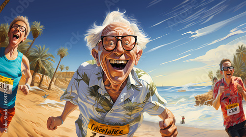 Happy old man running so fast, illustration of beautiful sunny day sport outdoor