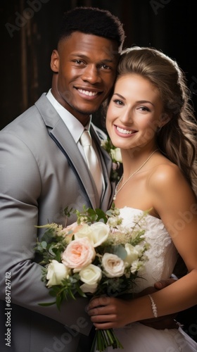 Happy smiling young bride and groom, international wedding couple