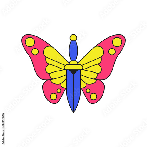 Beautiful butterfly with sword knife trendy sticker cartoon element y2k groovy icon vector flat