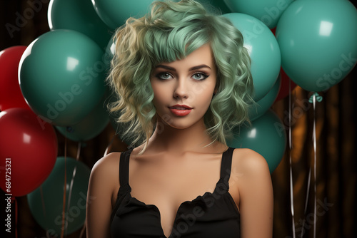 Zielone Falowanie: Dziewczyna z wyrazistym makijażem i zielonymi włosami. Jej intensywne spojrzenie podkreśla indywidualność, a tło z kolorowymi balonami dodaje lekkości tej kompozycji. © trojan74