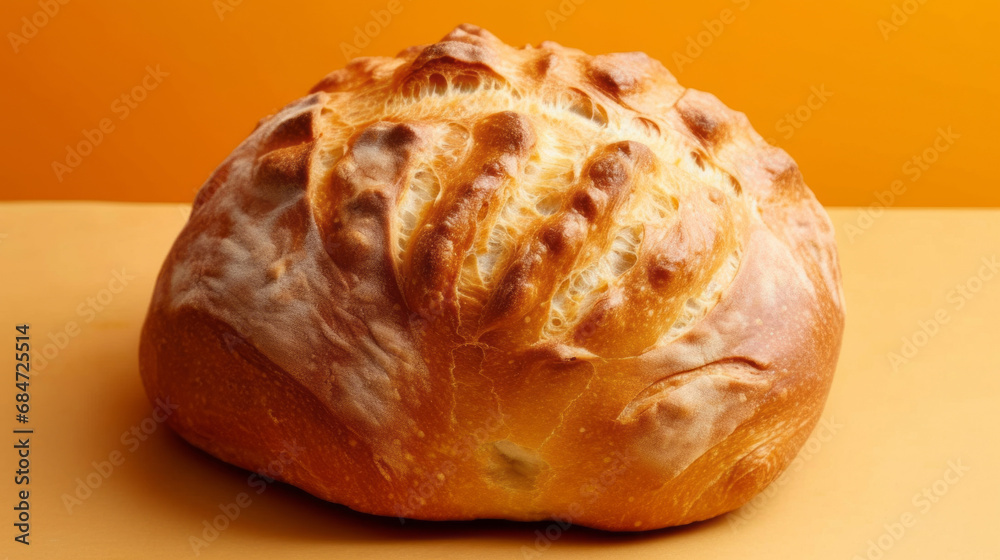Freshly baked loaf of bread. Toasted, beautiful, appetizing bread isolated on orange background Freshly baked loaf of bread. Toasted, beautiful, appetizing bread isolated on orange background