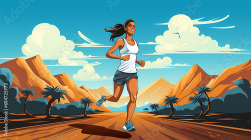 Happy old woman running so fast, illustration of beautiful sunny day sport outdoor