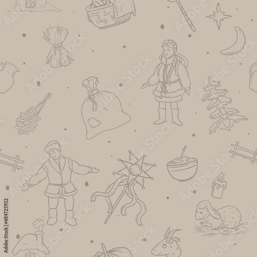 Christmas seamless vector pattern for gift paper with ukrainian christmas traditions and elements
