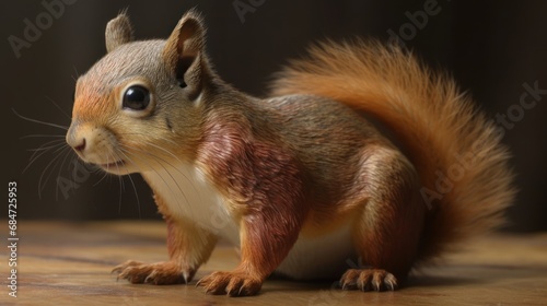 Squirrel on a wooden table with dark background, close-up. Wilderness Concept. Wildlife Concept.