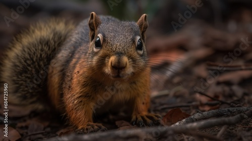 A closeup shot of a red squirrel on the ground in the forest. Wilderness Concept. Wildlife Concept. © John Martin
