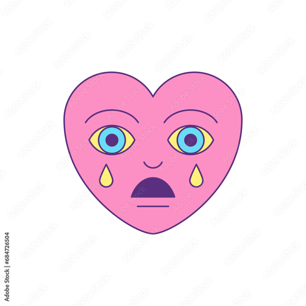 Y2k sad crying pink heart with tears comic cartoon character groovy style icon vector flat Y2k sad crying pink heart with tears comic cartoon character groovy style icon vector flat