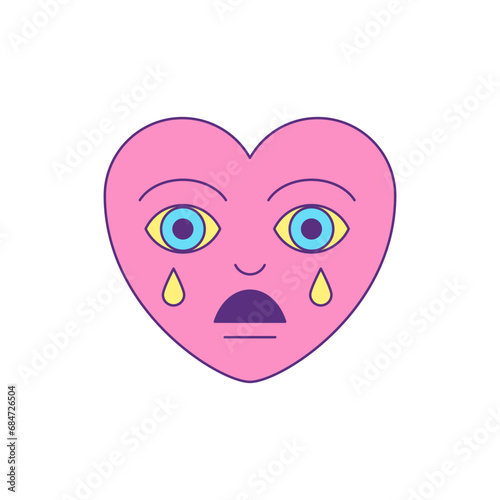 Y2k sad crying pink heart with tears comic cartoon character groovy style icon vector flat