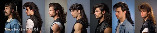 Set of 1980s fashion men - mullet hairstyle - pop culture - funny fashion - vintage - profile side view - individual isolated portraits photo