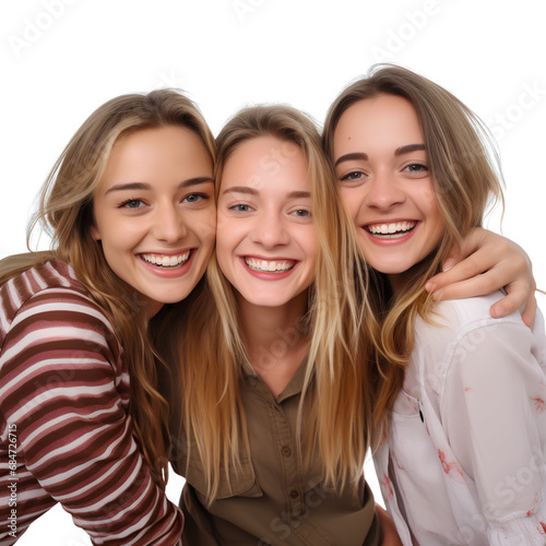 Group of friends hugging each other, taking a happy selfie on transparent background PNG. Friends forever concept.