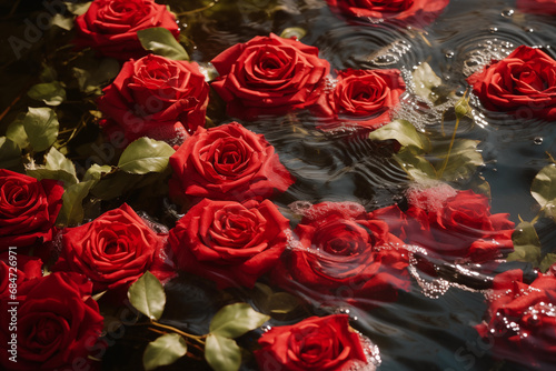Beautiful Red Roses Floating On Water. Love, Romance Concept, Generative AI