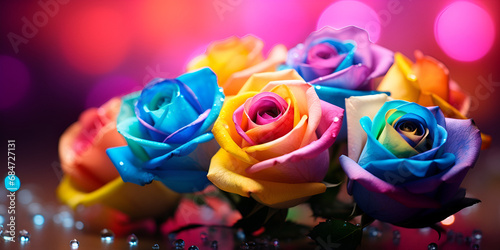Excellent multicolored roses, Celebration of life bouquet of colorful roses rose, Beautiful closeup rose flower in bloom with water drops, generative AI