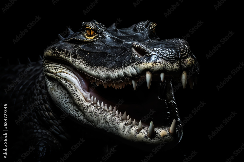Fototapeta premium scary crocodile head shot with jaw and teeth on the dark black background