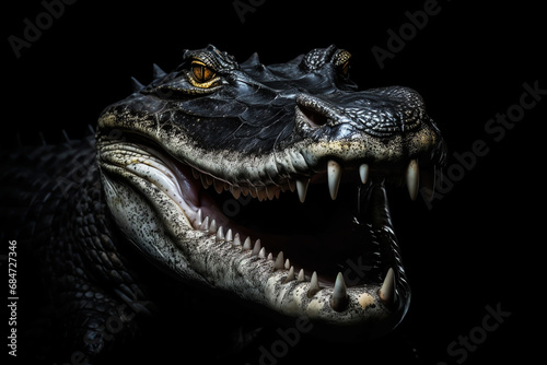 scary crocodile head shot with jaw and teeth on the dark black background © mr_marcom