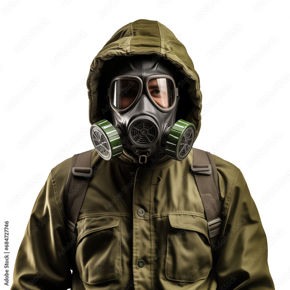 A man in a suit with a hood and a gas mask, cut out - stock png. A man in a suit with a hood and a gas mask, cut out - stock png.