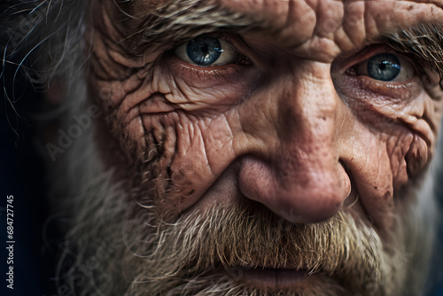 Macro photography of male wrinkled face of sad older man with grey hair and beard looking at camera photo