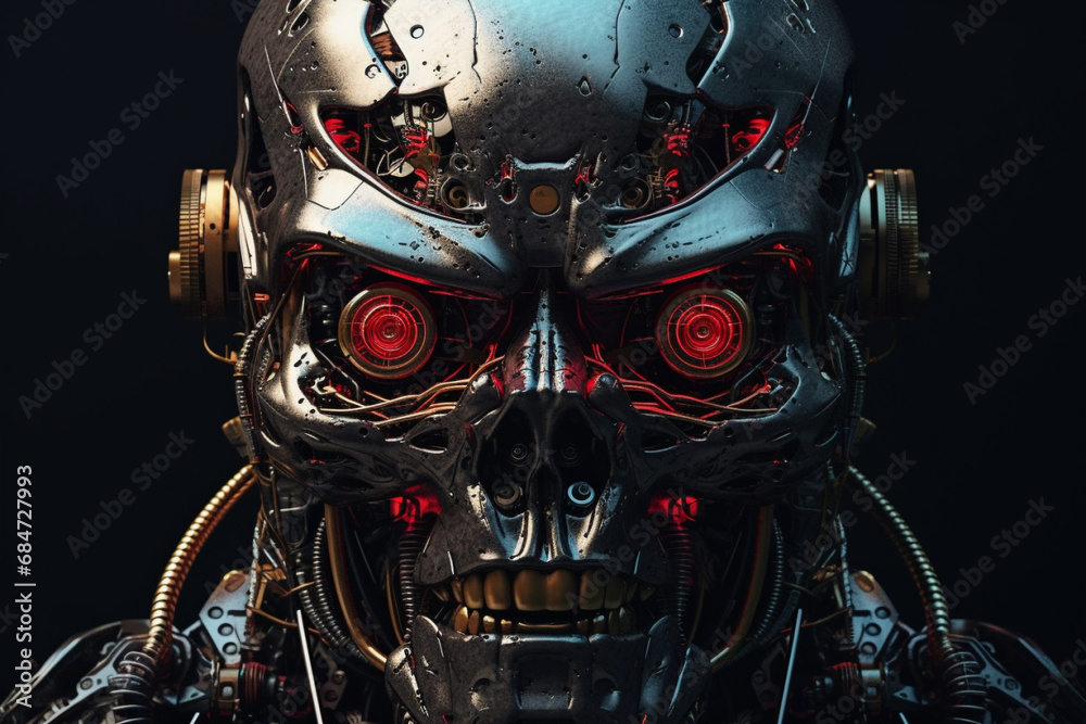 Explore the future with a portrait of a menacing metallic android robot with striking red eyes. A glimpse into the world of advanced robotics and artificial intelligence. Ai generated
