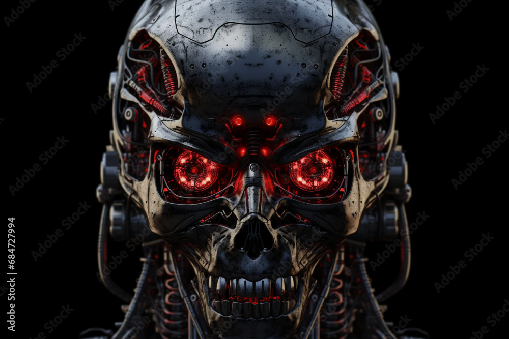 Explore the future with a portrait of a menacing metallic android robot with striking red eyes. A glimpse into the world of advanced robotics and artificial intelligence. Ai generated Explore the future with a portrait of a menacing metallic android robot with striking red eyes. A glimpse into the world of advanced robotics and artificial intelligence. Ai generated