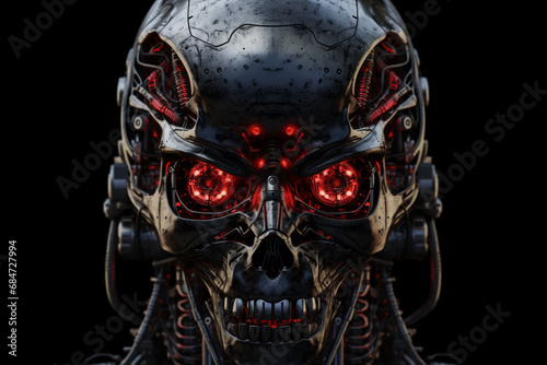 Explore the future with a portrait of a menacing metallic android robot with striking red eyes. A glimpse into the world of advanced robotics and artificial intelligence. Ai generated © dragomirescu