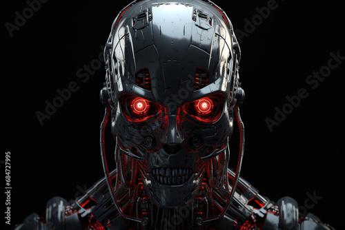 Explore the future with a portrait of a menacing metallic android robot with striking red eyes. A glimpse into the world of advanced robotics and artificial intelligence. Ai generated