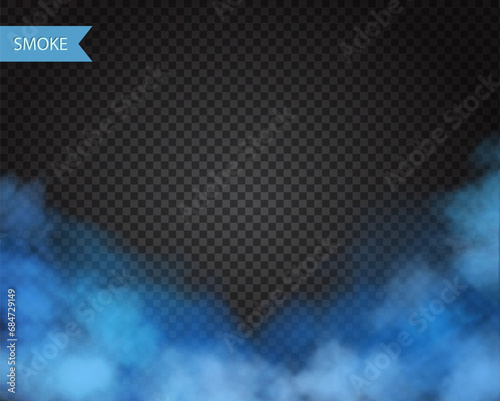 Blue fog or smoke on dark copy space background. Light blue mist or clouds, chemical gas. Vector realistic illustration