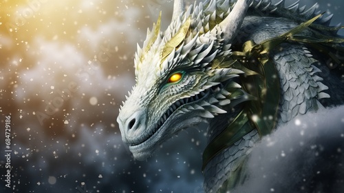 The Asian symbol of 2024. Stylish modern Christmas card. A trending green dragon next to gifts, falling snow and trees. © Alena