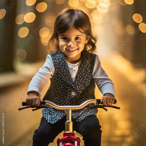 Mała dziewczynka jadąca na rowerze. Portret